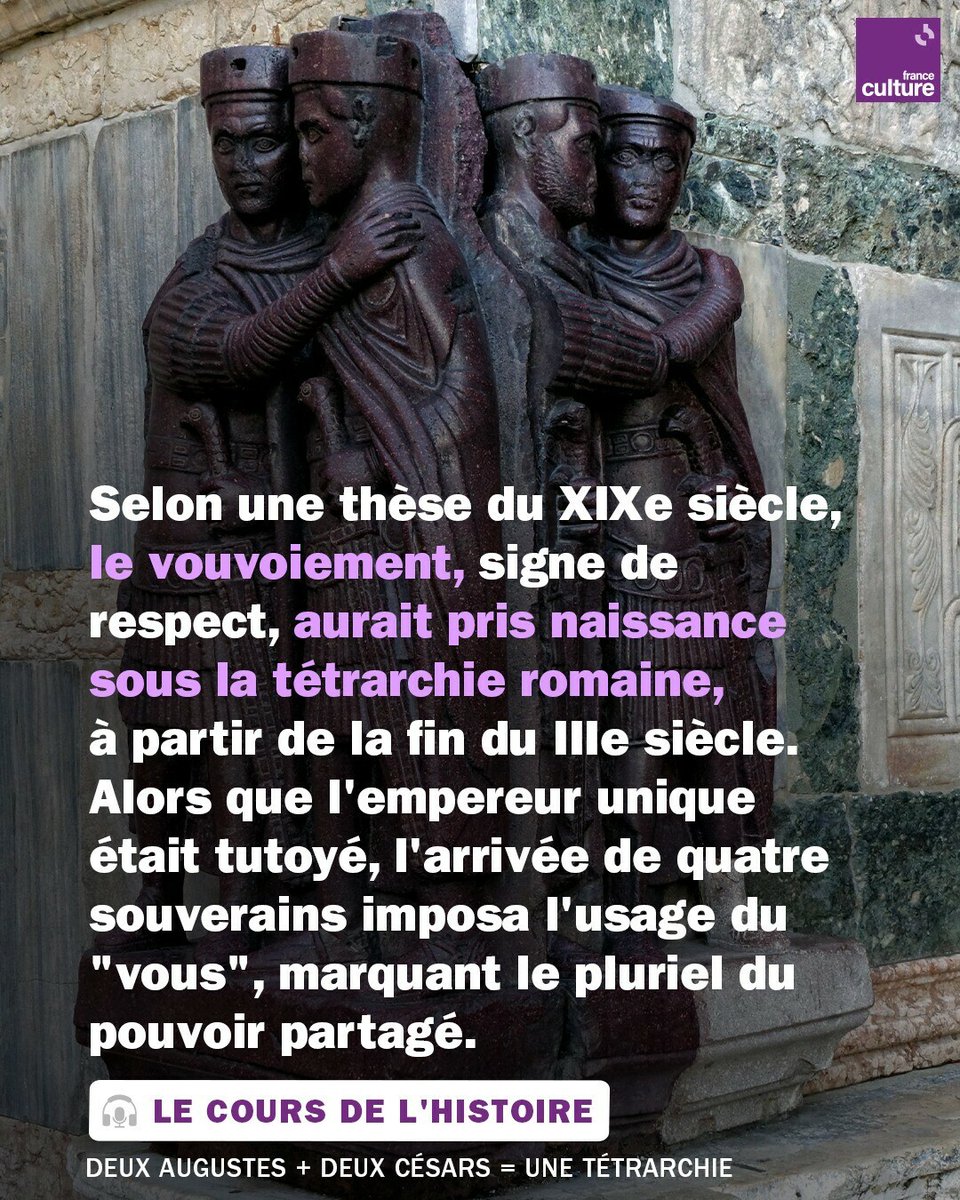 Le saviez-vous ? Le vouvoiement viendrait de l'époque où Rome avait... QUATRE EMPEREURS ! 😲
➡️ l.franceculture.fr/qiV
