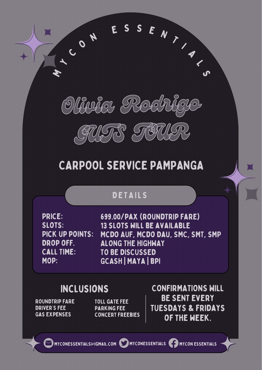 WTS LFB PH

OLIVIA RODRIGO Guts Tour PAMPANGA Carpool

📍Mabalacat Dau Angeles San Fernando

Further details are posted below. 

If you wish to avail slot/s, kindly fill out this form: bit.ly/guts-tour

🏷️ philippine ph arena concert vanpool service

#GUTSWorldTourManila