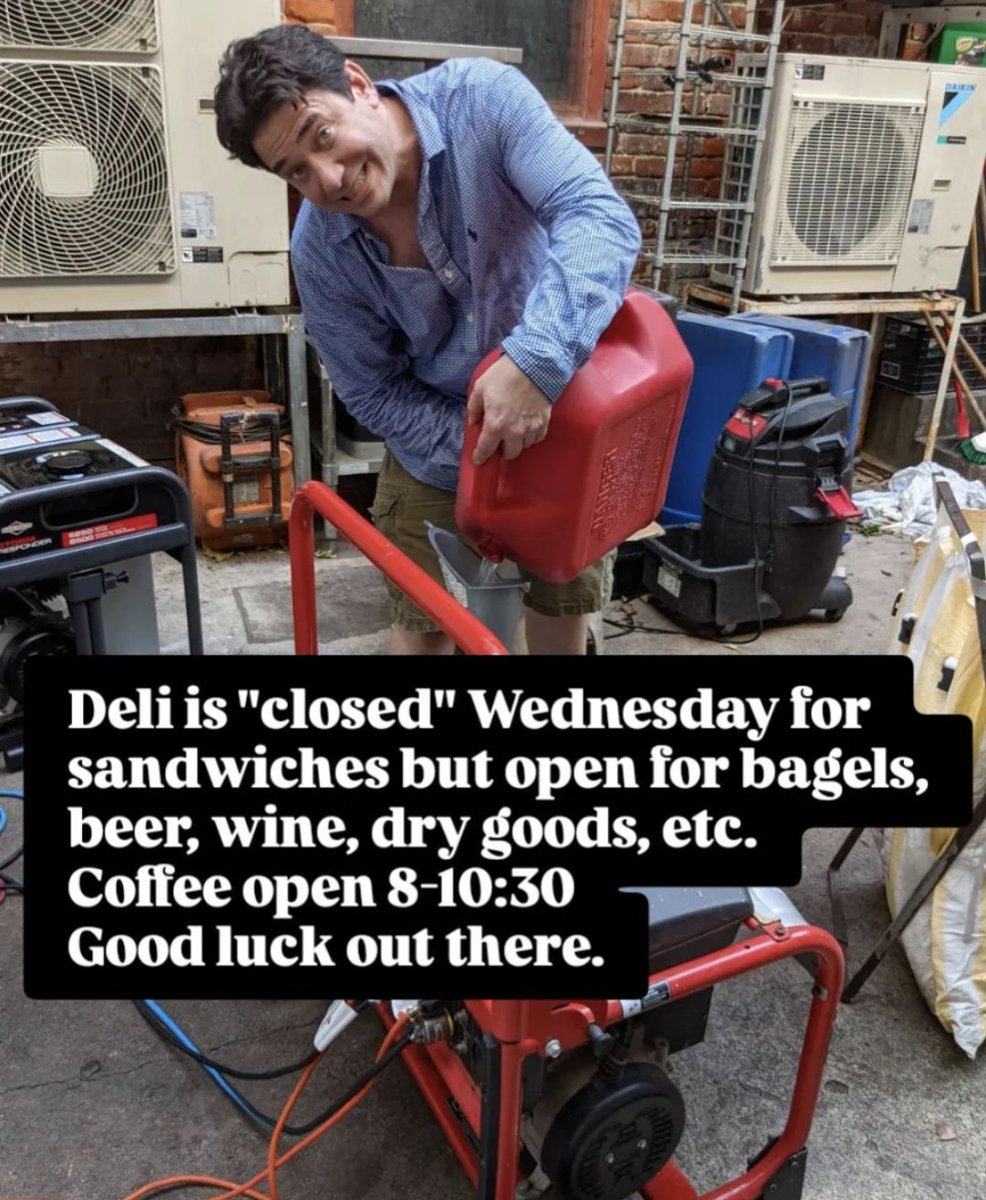 Doors open on Wednesday but kitchen closed. But come get beer, wine, bagels, dry goods etc. Coffee from 8-10:30. Take your chances after noon. 
Enjoy this pic of Stein fighting generator #2 during Ida.