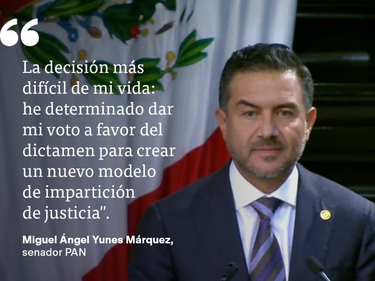 Durante su discurso ante el pleno del Senado en la Casona de Xicoténcatl, el legislador del PAN, Miguel Ángel Yunes Márquez, dijo que su voto será a favor de la reforma al Poder Judicial.