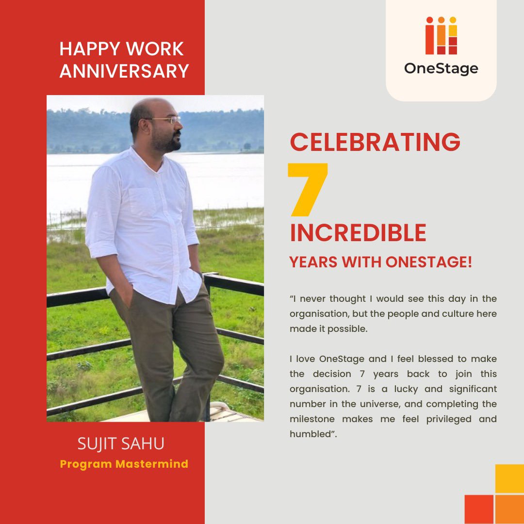 Celebrating 7 years of brilliance with Sujit Sahu! 

We're proud to have you, our Program Mastermind, leading with vision, expertise, and dedication. Here's to more milestones ahead!  

#OneStage #EveryoneDeservesEqual #WorkAnniversary