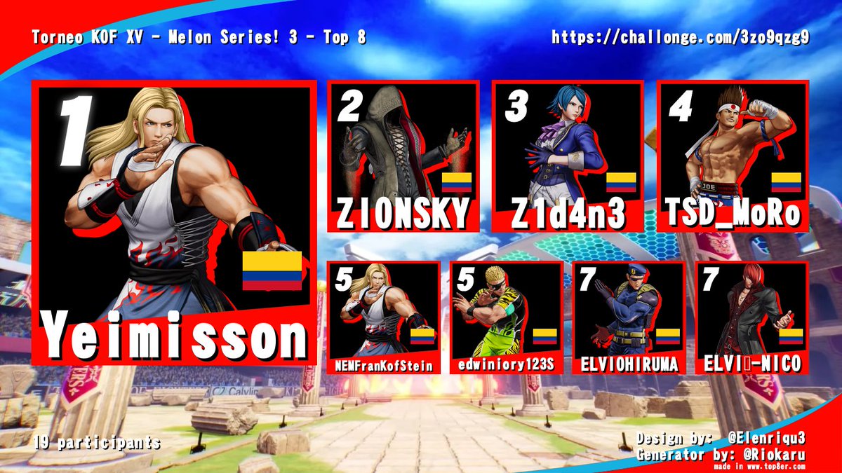 #KOFXV Colombian tournament - Melon Series! 3 

I'm running this tournaments every thuesday online for colombian players!  

challonge.com/es/3zo9qzg9

youtu.be/f90xGJ0nhXU