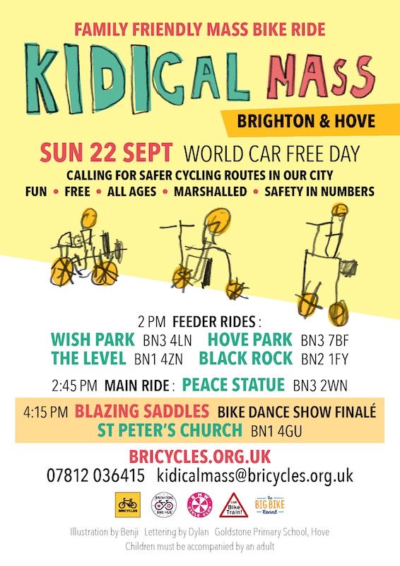 Daren68's tweet image. Come one, come all to the next Kidical Mass ride in Hove (and Brighton)... feeder rides from Wish Park and Hove Park at 2pm. Btw, flyers feature artwork and lettering by Goldstone kids. @OSRBikeTrain @Bricycles @BATBrighton @KatyCycles @TrevMu10 @WithdeanGreens Please RT