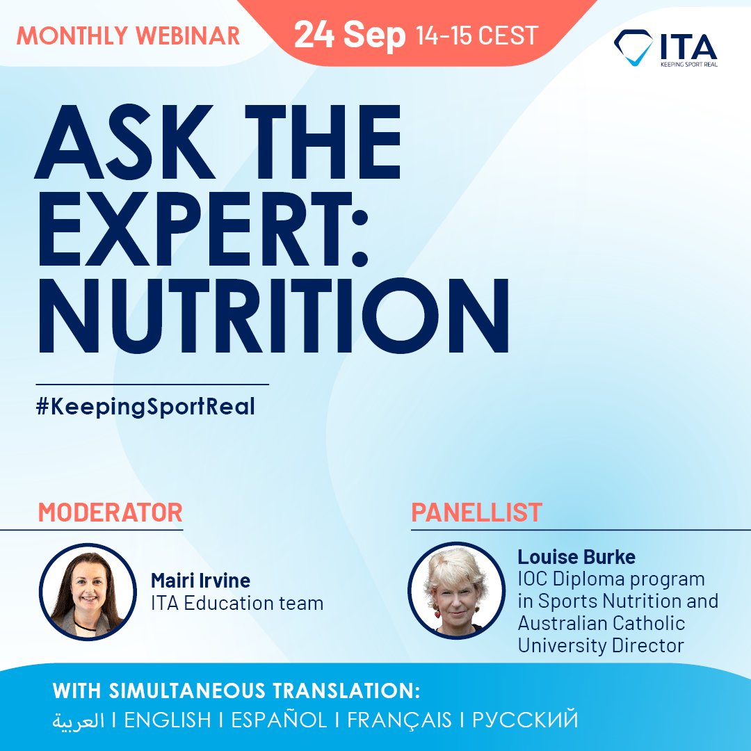 IntTestAgency's tweet image. What is the role of nutrition in sports performance? And what can athletes do to make the best choices?

Join us for our upcoming webinar on "Ask the Expert: Nutrition" with panellist @LouiseMBurke.

Register now! ▶️ bit.ly/3XiepKJ

#KeepingSportReal