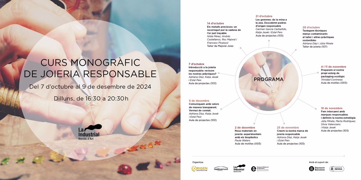 T’interessa revisar les teves pràctiques i fer camí cap a la #joieriaresponsable? Vols que la teva marca estigui alineada amb aquest enfocament?

Nou curs monogràfic a <a href="/EscoladArtLaIn1/">Escola d'Art La Industrial</a> 👇

origengoldforfuture.org/ca/actualidad/…
