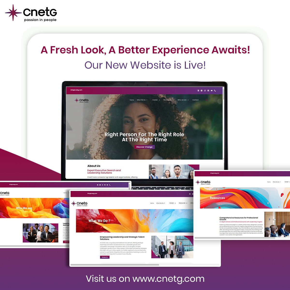 CnetG_Asia's tweet image. Explore our new website at cnetg.com ! 
Enjoy improved navigation, valuable resources, and expert solutions for finding the perfect fit for every role. Visit us today!

#CnetG #LeadershipSolutions #EnhancedNavigation #ExpertGuidance #NewWebsite