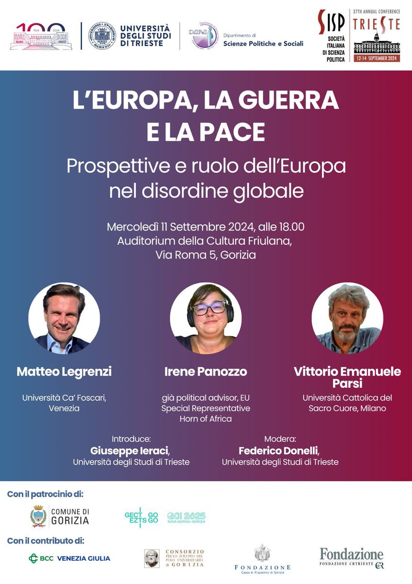 Società Italiana di Scienza Politica (@sisp__) on Twitter photo #SISP2024 The waiting is over 😎
See you tomorrow <a href="/UniTrieste/">Università di Trieste</a> ❗️
In the meantime, we look forward to seeing you this afternoon at our pre-conference in Gorizia! #SISP2024 The waiting is over 😎
See you tomorrow <a href="/UniTrieste/">Università di Trieste</a> ❗️
In the meantime, we look forward to seeing you this afternoon at our pre-conference in Gorizia!