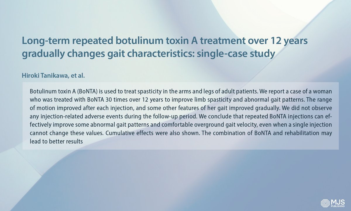 Long-term repeated botulinum toxin A treatment over 12 years gradually changes gait characteristics: single-case study
Hiroki Tanikawa, et al.
#musclespasticity #gaitanalysis #gaitdisorders #botulinumtoxins #longtermtreatment
doi.org/10.2340/jrm-cc…