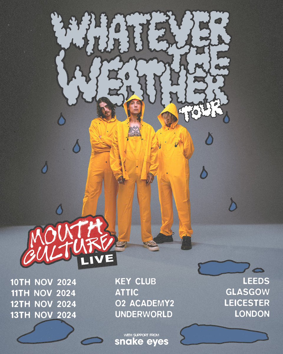 snake eyes (@wehavesnakeeyes) on Twitter photo i know that we’re meant to be making our album right now but <a href="/themouthculture/">Mouth Culture</a> asked us to join them on their uk run in nov & we thought it would be a nice excuse to come out of hibernation and rock for ya 🤝
grab your tickets now, see ya in a bit 💋
wehavesnakeeyes.com/tour-dates i know that we’re meant to be making our album right now but <a href="/themouthculture/">Mouth Culture</a> asked us to join them on their uk run in nov & we thought it would be a nice excuse to come out of hibernation and rock for ya 🤝
grab your tickets now, see ya in a bit 💋
wehavesnakeeyes.com/tour-dates