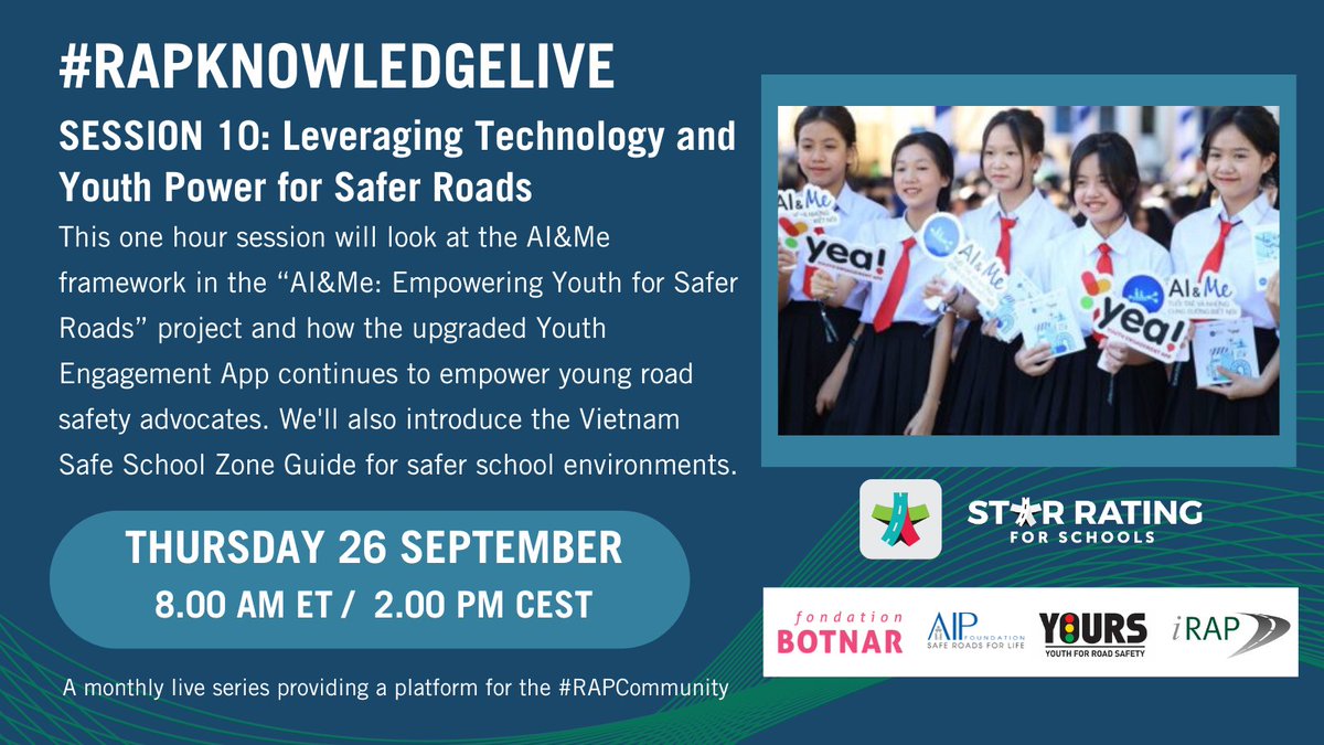 YOURS_YforRS's tweet photo. We're joining #RAPKnowledgeLive to talk about leveraging technology and youth power for safer roads🚦
It will focus on the Youth Engagement App empowering young road safety advocates and introduce the Vietnam Safe School Zone Guide for safer school zones
https://t.co/EorVKPcLrh https://t.co/4n7y9znlxV