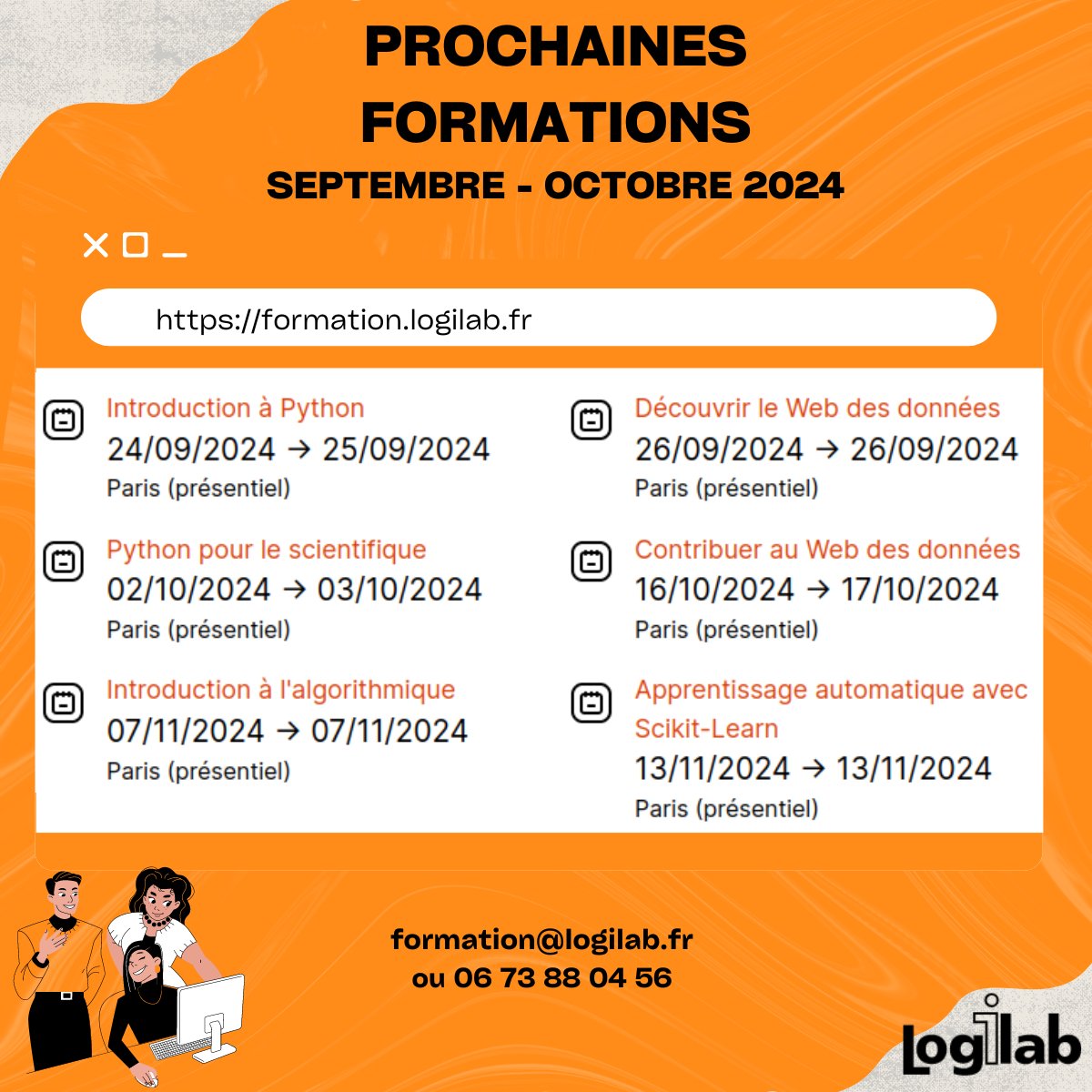 logilab's tweet image. Développez vos compétences avec les formations @logilab !
Retrouvez le programme de nos prochaines sessions de formation en présentiel à Paris 📍
📚 Toutes nos formations sur : formation.logilab.fr
#Python #scientifique #rdf #webdesdonnées #IA #Algorithms