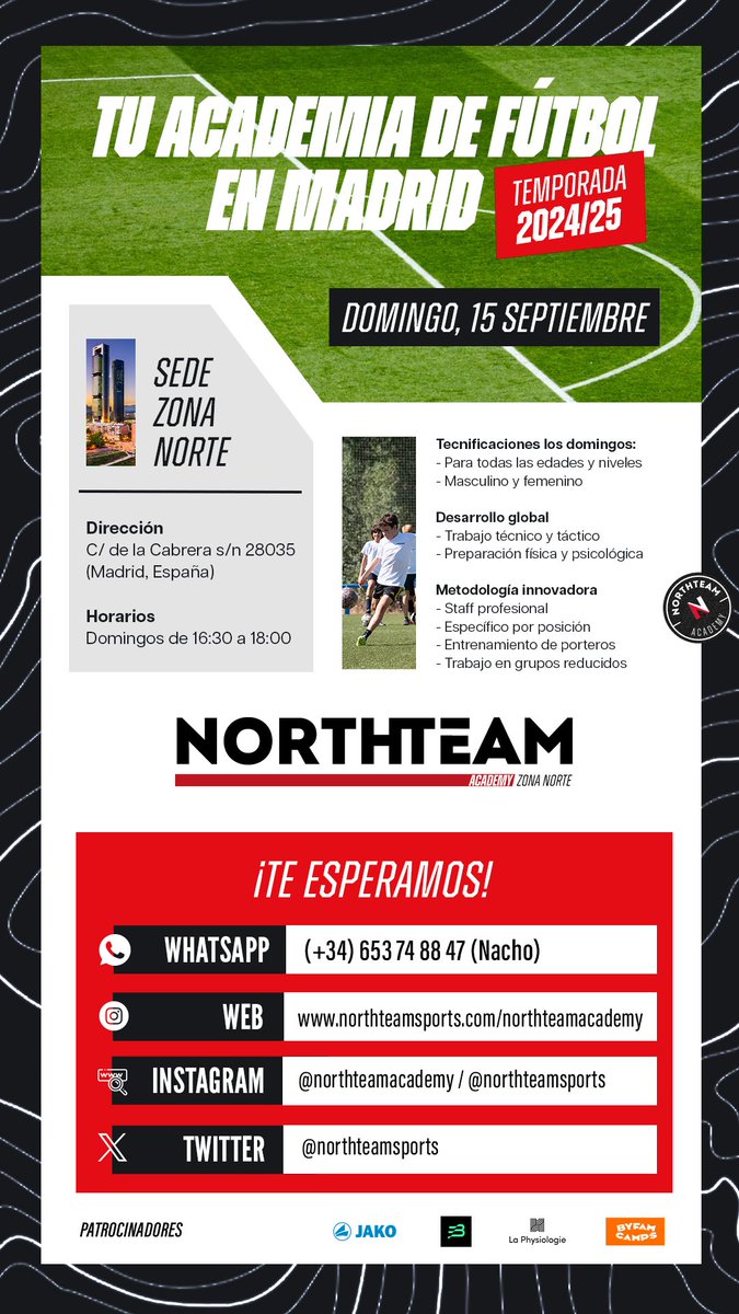 🆕 Comenzamos las tecnificaciones del primer trimestre en nuestra academia de fútbol Northteam Academy.

📅 Domingo 15 de septiembre
📍Sede Zona Norte 
⌚️ 16:30 a 18:00 

Inscripciones: 
northteamsports.com/blank-5

Contacto: 
📞 653 74 88 47 (Nacho)