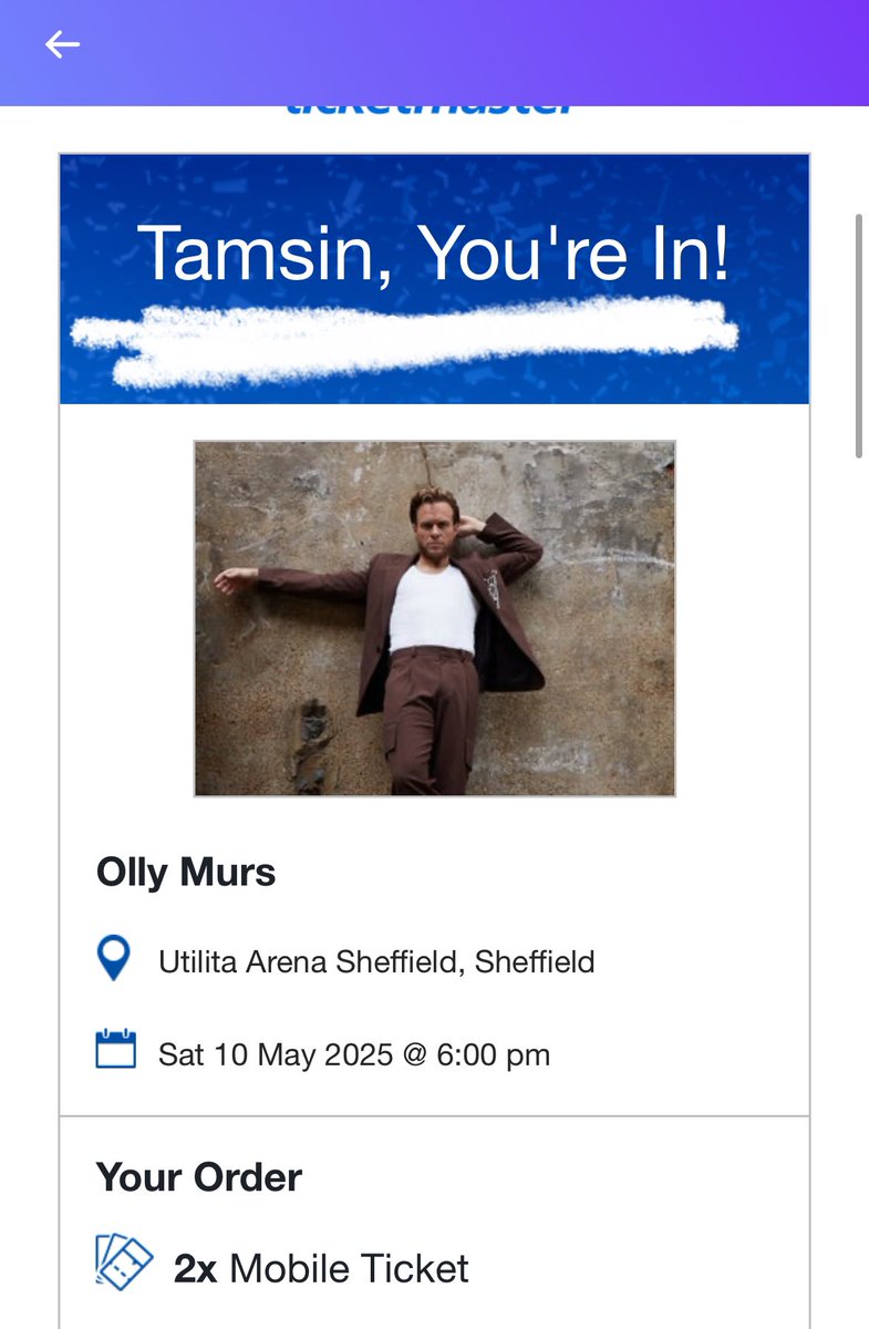 jusTam90's tweet photo. After some unsuccessful seat selections 

Were in!!

See you in May @ollymurs 

We’re row B section 102 - give us a wave!!! https://t.co/4XlzqhPJfr