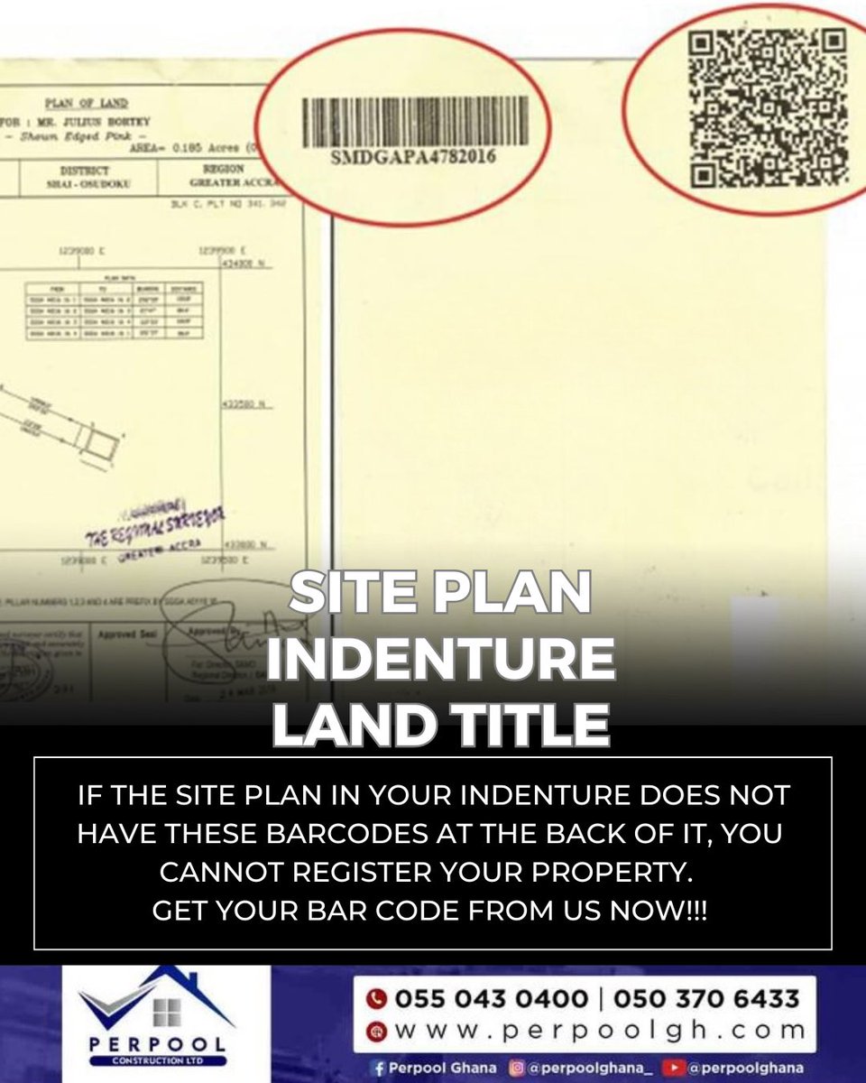 perpoolghana's tweet image. IF THE SITE PLAN IN YOUR INDENTURE DOES NOT HAVE THESE BARCODES AT THE BACK OF IT, YOU CANNOT REGISTER YOUR PROPERTY.
GET YOUR BAR CODE FROM US NOW!!!
#siteplan #indenture #landtitle #landregistration #ghana
#fyppppppppppppppppppppppp #trending