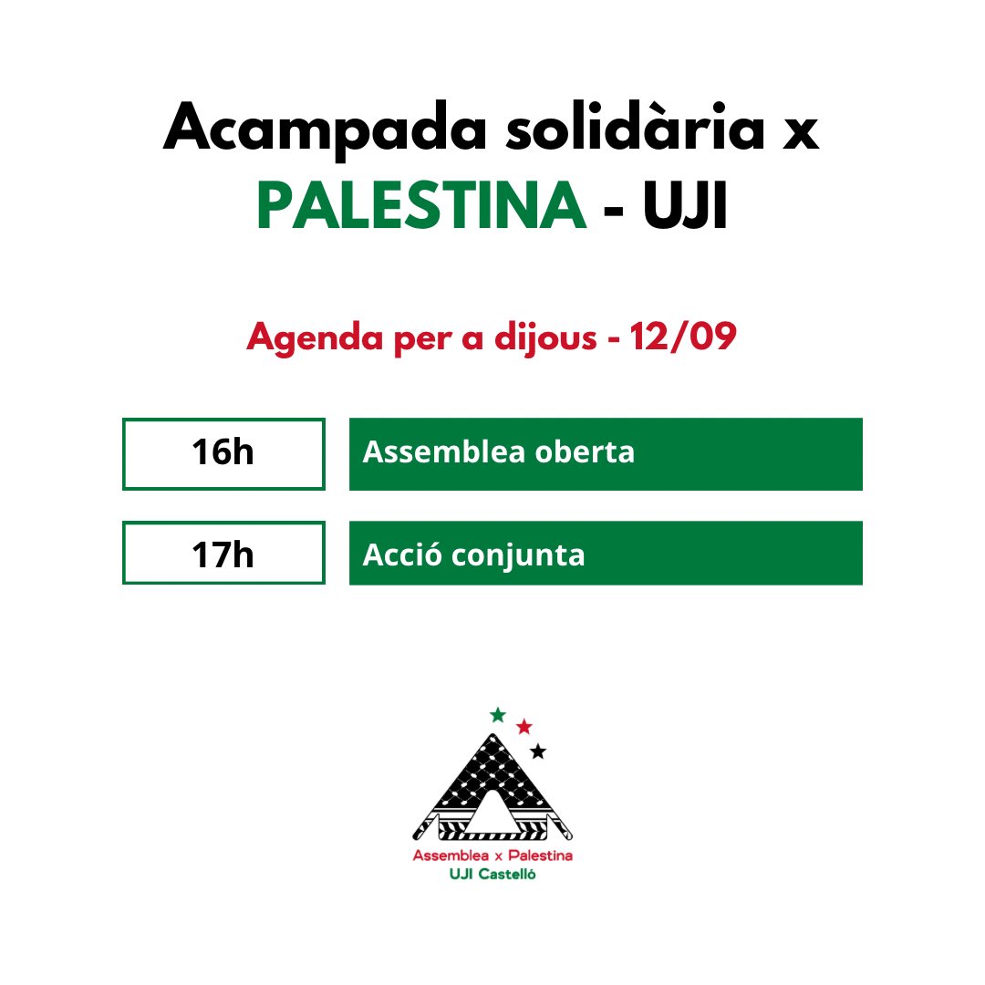 acampadauji's tweet photo. Continuem presents per denunciar la complicitat de les institucions, de l’UJI, en el genocidi que l’estat d’Isr*el continua perpetrant contra el poble palestí. Us convidem a assistir a les activitats que estem preparant. 
DEMÀ DIJOUS: assemblea oberta i després, acció conjunta ✊ https://t.co/yQ4PnnGivG