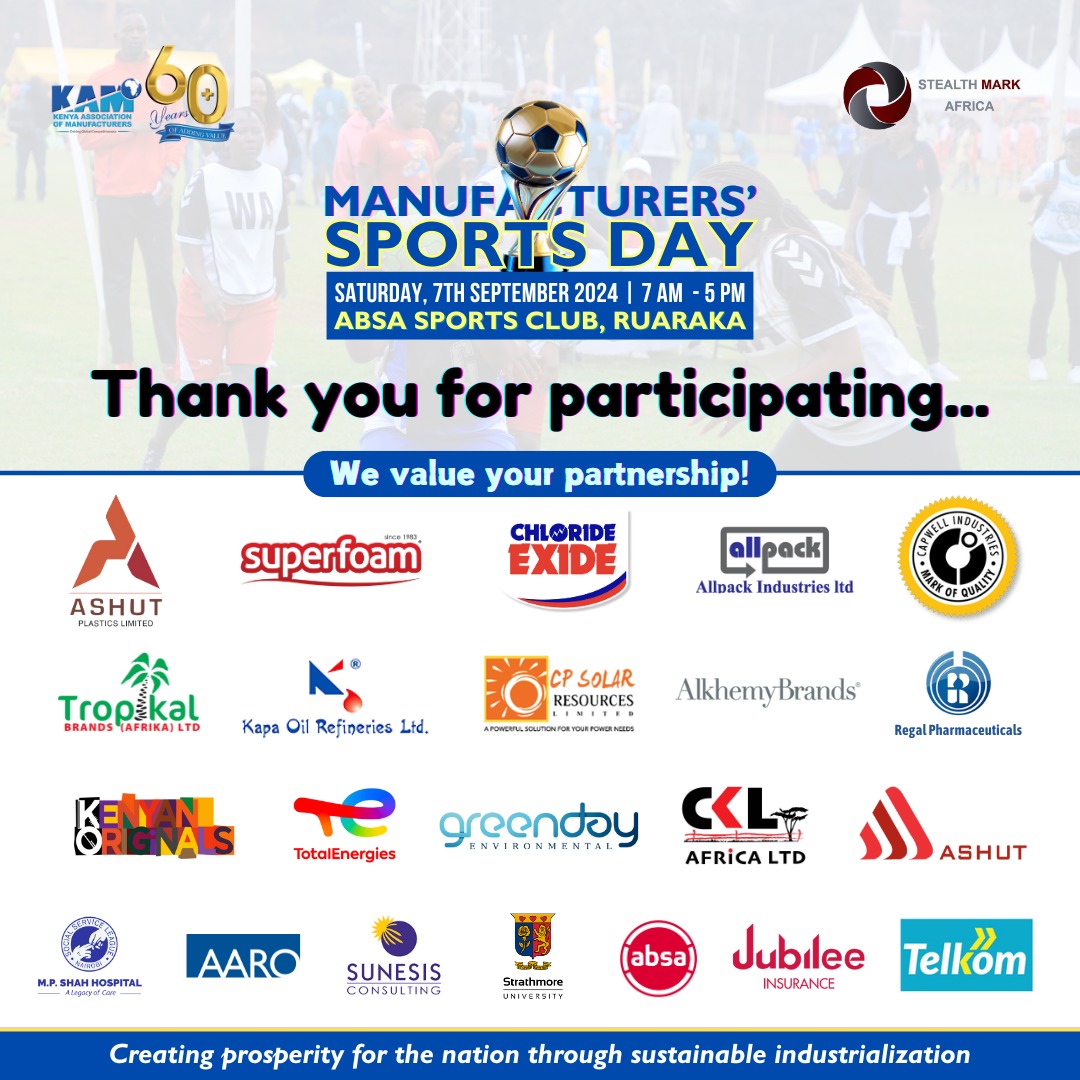 KAM_Kenya's tweet photo. Thank you for being a part of the Manufacturers Sports Day! 🏅 Your participation and contribution made it an unforgettable event. 

#KAMSportsDay 
#ManufacturersSportsDay https://t.co/rezN97IlET