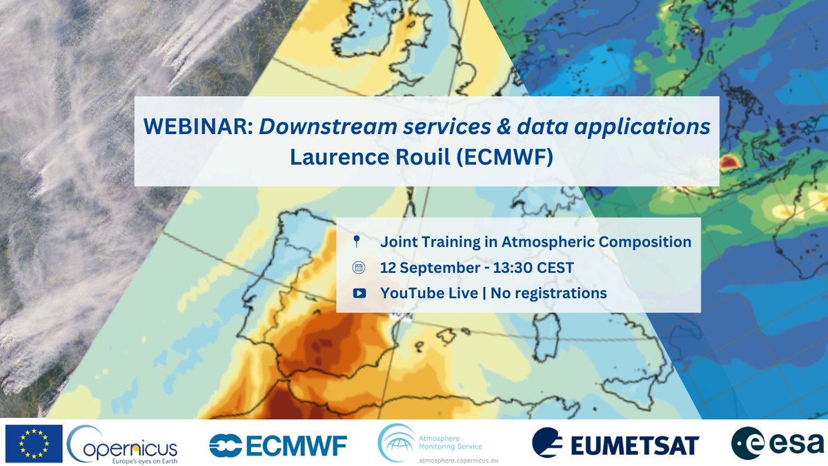 #CopernicusAtmosphere Monitoring Service director, Laurence Rouil will be giving a presentation on downstream services &amp; data applications for the #atmostraining webinar series.

🗓️12 September 13:30-14:30
⏯️YouTube Live - youtube.com/watch?v=Y6MnbF…