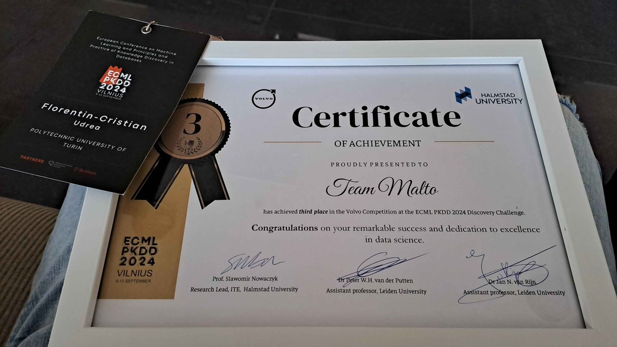 👏 Proud to announce that the <a href="/polimalto/">MALTO</a> student team at <a href="/PoliTOnews/">Politecnico di Torino</a> reached third place 🥉 in the @Volvocars Predictive Maintenance challenge hosted at #ECMLPKDD2024 -- Way to go!! 🚀

<a href="/ECMLPKDD/">ECML PKDD</a> #MAchineLearning #PoliTO #MALTO