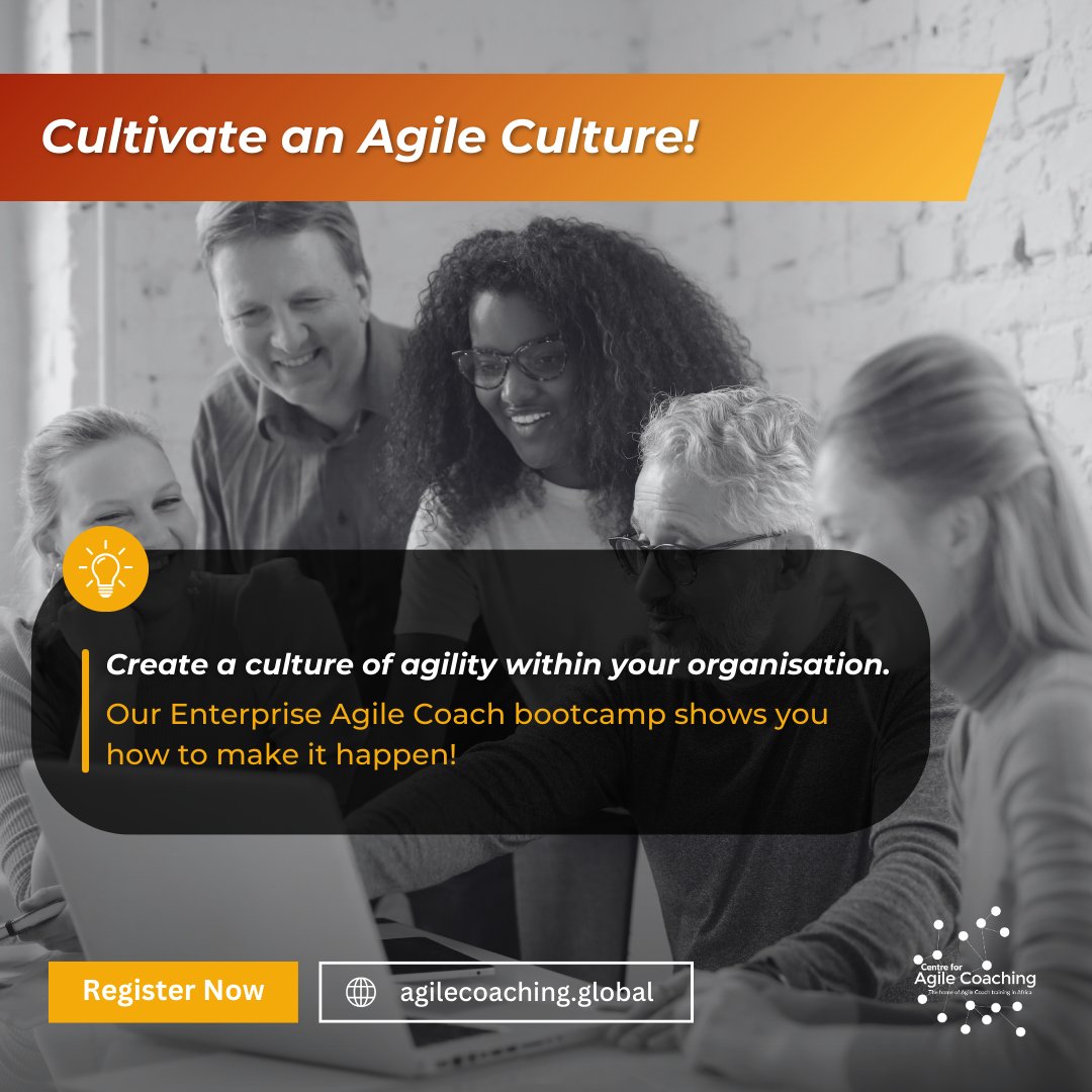 C4AgileCoaching's tweet photo. Do you want to learn how to create a culture of agility within your organisation? Join our Enterprise Agile Coach Bootcamp on 30 Sep-4 Oct where we'll show you how to make it happen!
Full class details here: https://t.co/dBrxKT1ziQ https://t.co/Nv0RD8nKch