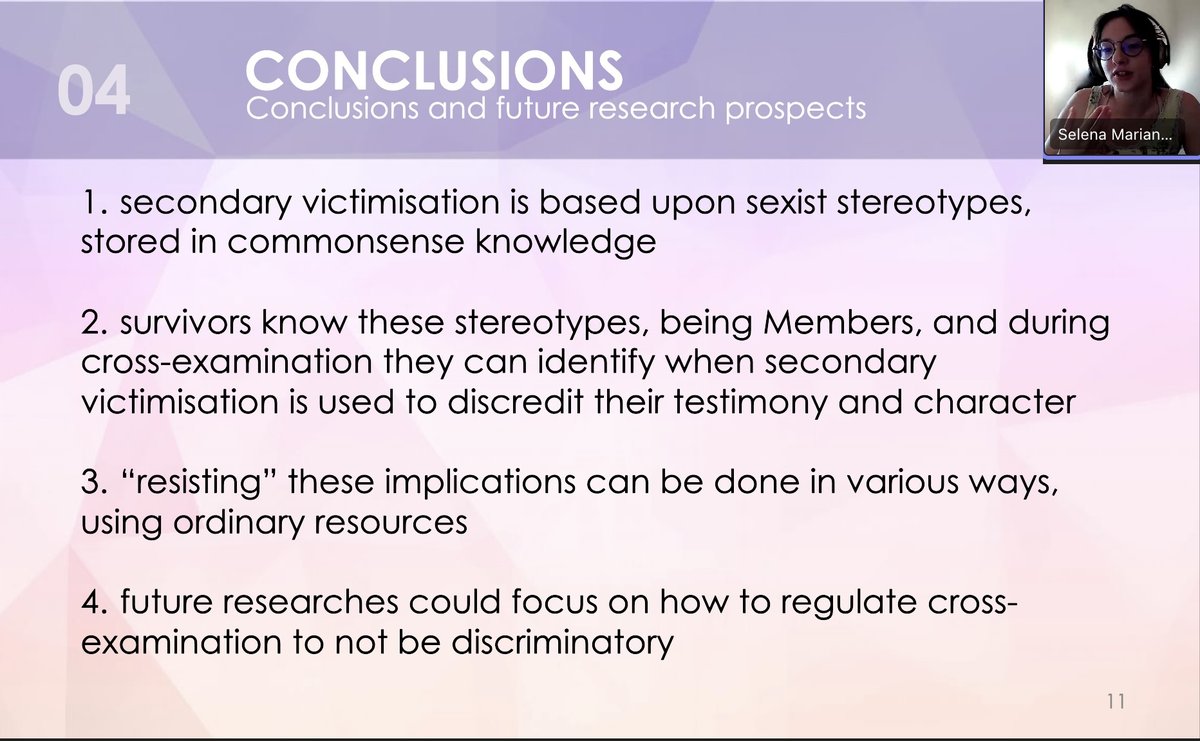 Selena Mariano concludes our third talk by arguing that sexist stereotypes, as 'common knowledge', are used as resources conducting (and recognising/resisting) secondary victimisation during cross-examination #ForensicCA2024  #EMCA dlvr.it/TD5YYZ