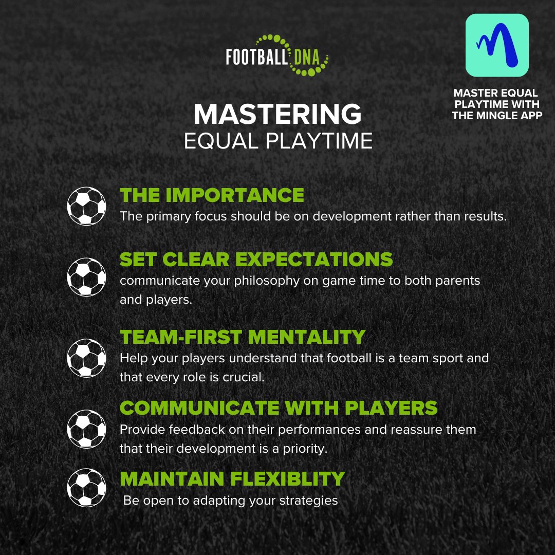 How To Master Equal Playtime ⚽️

In youth football, it's a non-negotiable that everyone gets equal opportunity to play the sport they love. 

Try the <a href="/MingleSportApp/">Mingle Sport</a> to help you too!

footballdna.co.uk/mastering-equa…