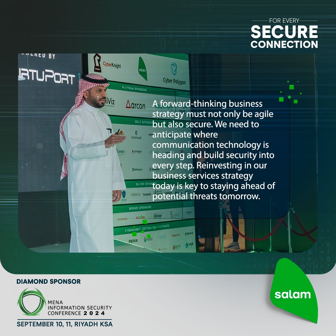 SalamBusiness's tweet image. A forward-thinking strategy must be agile and secure. As VP of Products and Solutions, Mohammad Al Obaid stressed at #MENAISC2024, reinvesting in business services strategy transformation today is key to staying ahead of tomorrow&apos;s threats. #SalamBusiness