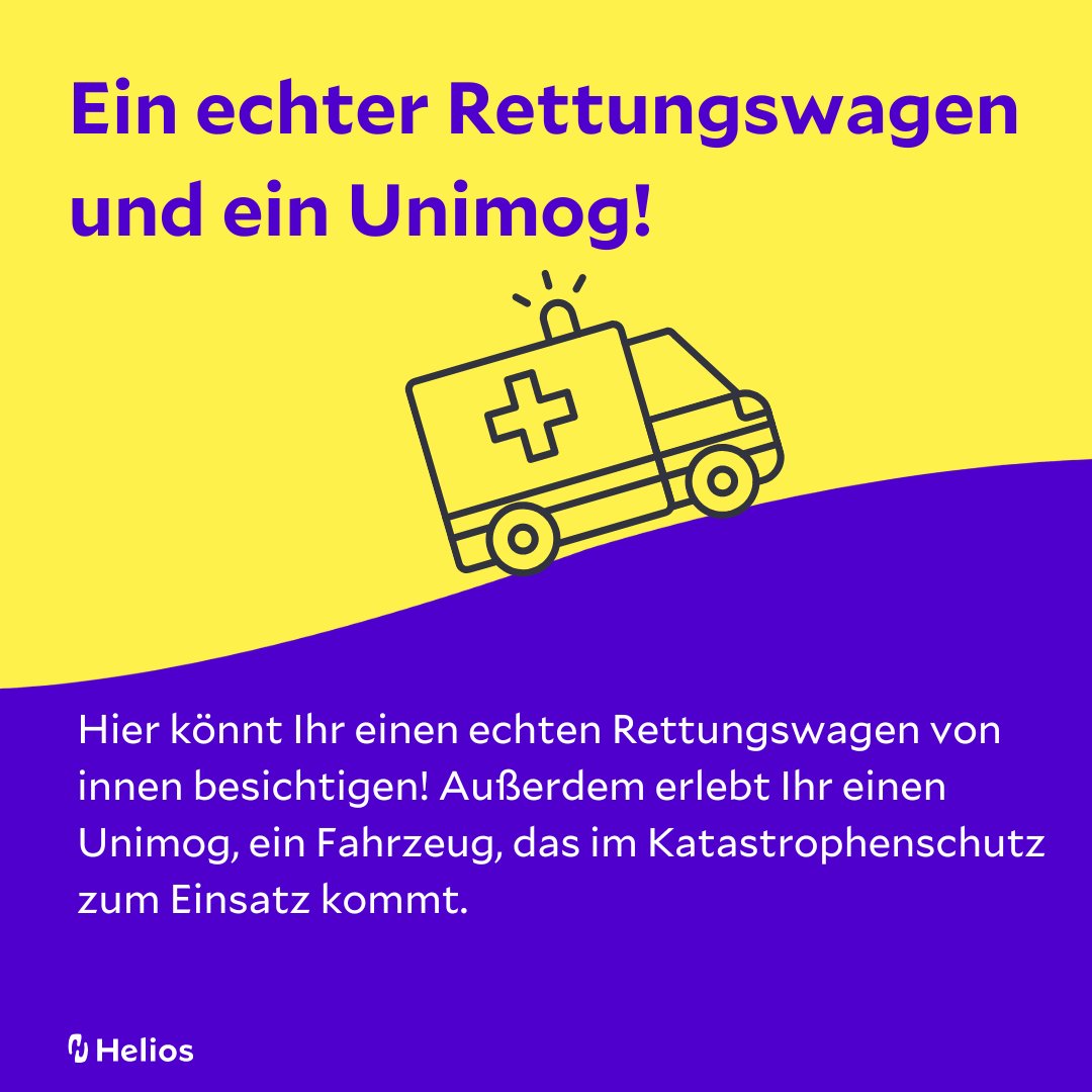 ✨ Noch 3 Tage! ✨
Am 14. September 2024 ist es soweit: Unser Tag der offenen Tür! 🚪 Von 10 bis 15 Uhr erwarten Dich spannende Erlebnisse, darunter:🚑 Ein echter Rettungswagen. 🚜 Ein Unimog! helios-gesundheit.de/standorte-ange…