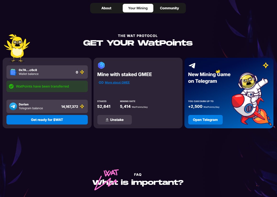 🚨Don't forget to transfer your <a href="/WatBird/">WATCoin</a> 's points !
You have 4 days
Can't wait for the $WAT airdrop &amp; see what <a href="/GAMEEToken/">GAMEE</a> will build on Telegram 🔥