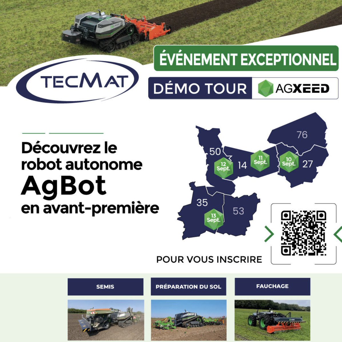 En avant-première le robot autonome #AgBot #AgXeed 
#TecMat en démonstrations encore 3 dates/3 lieux :
Mercredi 11/09 Cintheaux (14) - 13h30-17h
Jeudi 12/09 Saint-Amand (50) - 13h30-17h
Vendredi 13/09 Piré-Chancé (35) - 10h30-13h30
 swll.to/CZPMbLG 👍
@cumaOuest