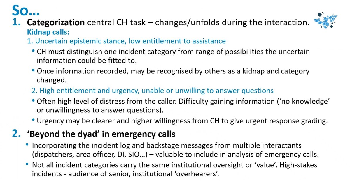 Sarah Atkins, Joanne Traynor, and Felicity Deamer finish the first panel of #ForensicCA2024 with a talk  on how possible 'kidnap' incidents are handled in UK police emergency calls showing how call handlers manage and involve other officials as the call is escalated #EMCA