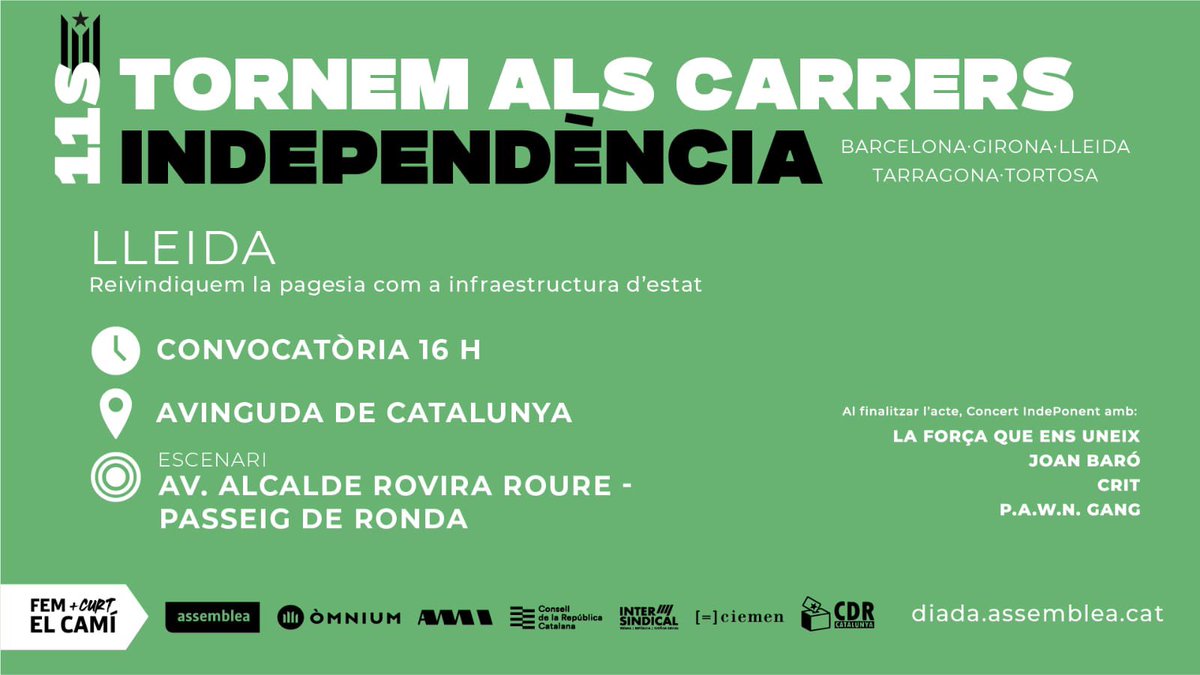 ANCLleidaSegria's tweet photo. ⬛️⬜️ Avui, Onze de Setembre, tornem als carrers!

📢 Manifestació: 16 h
🎤 Acte polític: 17.14 h
🎶 Concert IndePonent: 18 h

#INDEPENDÈNCIA https://t.co/sjVRGUqH9p