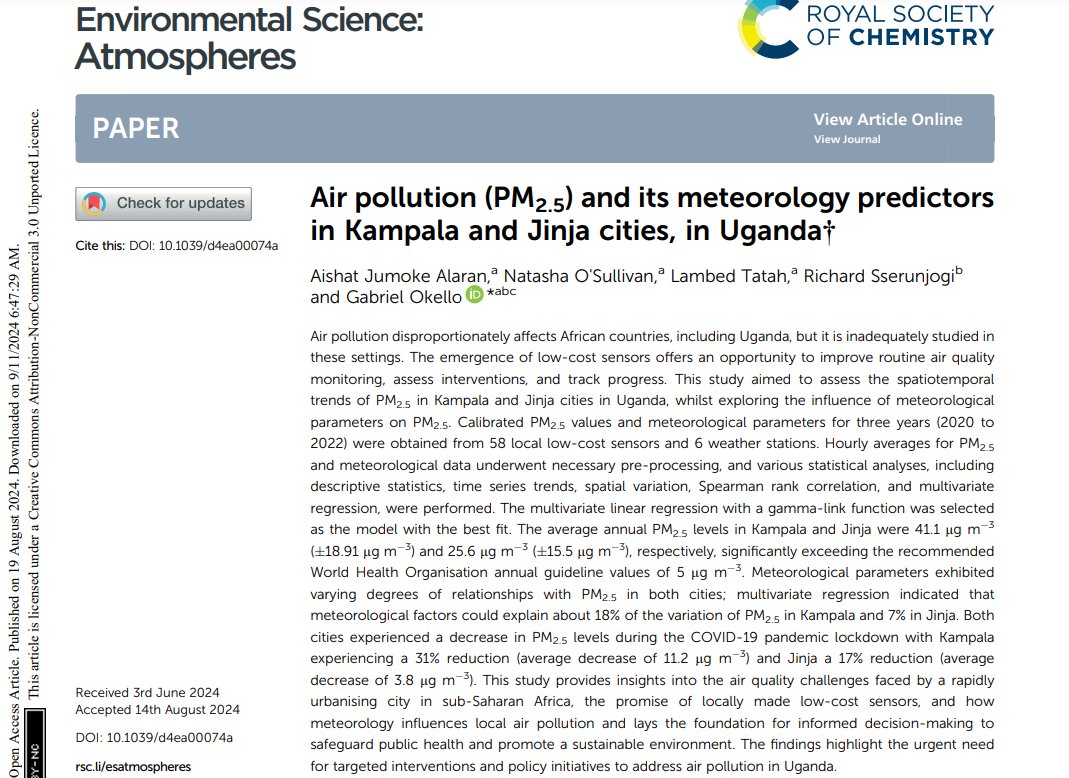 How can weather patterns reveal trends in #airpollution? Our latest study on air pollution and its meteorological predictors in Kampala and Jinja showcases the importance of understanding these patterns to create targeted solutions. Access it here &gt; bit.ly/3Xw3b6L