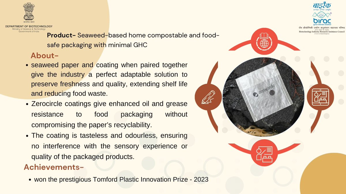 Department of Biotechnology (@dbtindia) on Twitter photo #GlobalBioIndia #SuccessStories
Seaweed-based home compostable and food-safe packaging developed by Zerocircle Alternatives Pvt. Ltd.
<a href="/DrJitendraSingh/">Dr Jitendra Singh</a>
<a href="/rajesh_gokhale/">Rajesh Gokhale</a>
<a href="/BIRAC_2012/">DBT-BIRAC</a>
<a href="/GlobalBioIndia/">Global Bio India</a> #GlobalBioIndia #SuccessStories
Seaweed-based home compostable and food-safe packaging developed by Zerocircle Alternatives Pvt. Ltd.
<a href="/DrJitendraSingh/">Dr Jitendra Singh</a>
<a href="/rajesh_gokhale/">Rajesh Gokhale</a>
<a href="/BIRAC_2012/">DBT-BIRAC</a>
<a href="/GlobalBioIndia/">Global Bio India</a>