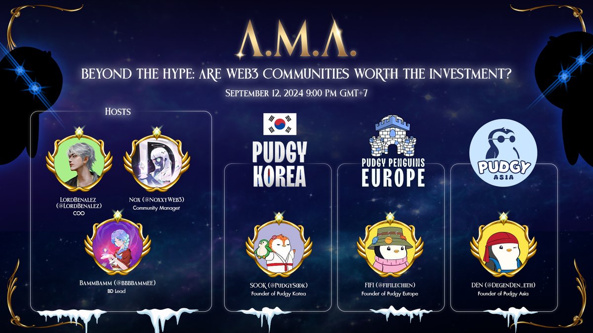Mittaria_Origin's tweet photo. 🚨 AMA Alert! Beyond the Hype: Are Web3 Communities Worth the Investment?

🐧 Join us for an explosive AMA with industry leaders from @pudgypenguins: @PudgyAsia, @PudgyEurope  and @PudgyKorea, along with our amazing team at @Mittaria_Origin, and more!

👀 How important is the community? Leave your thoughts & let's discuss.

🗓️ Date: September 12, 2024
🕰️ Time: 9:00 PM GMT+7

🔔 Mark your calendars and set a reminder!