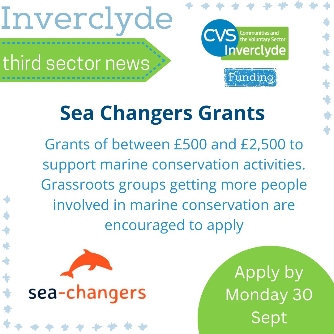 CVS Inverclyde (@cvsinverclyde) on Twitter photo New fund!
.<a href="/BeASeaChanger/">Sea-Changers</a> Main Grants programme for marine conservation grants of between £500 and £2,500 is open for applications until Monday 30 September.
Read more: sea-changers.org.uk/how-to-apply New fund!
.<a href="/BeASeaChanger/">Sea-Changers</a> Main Grants programme for marine conservation grants of between £500 and £2,500 is open for applications until Monday 30 September.
Read more: sea-changers.org.uk/how-to-apply