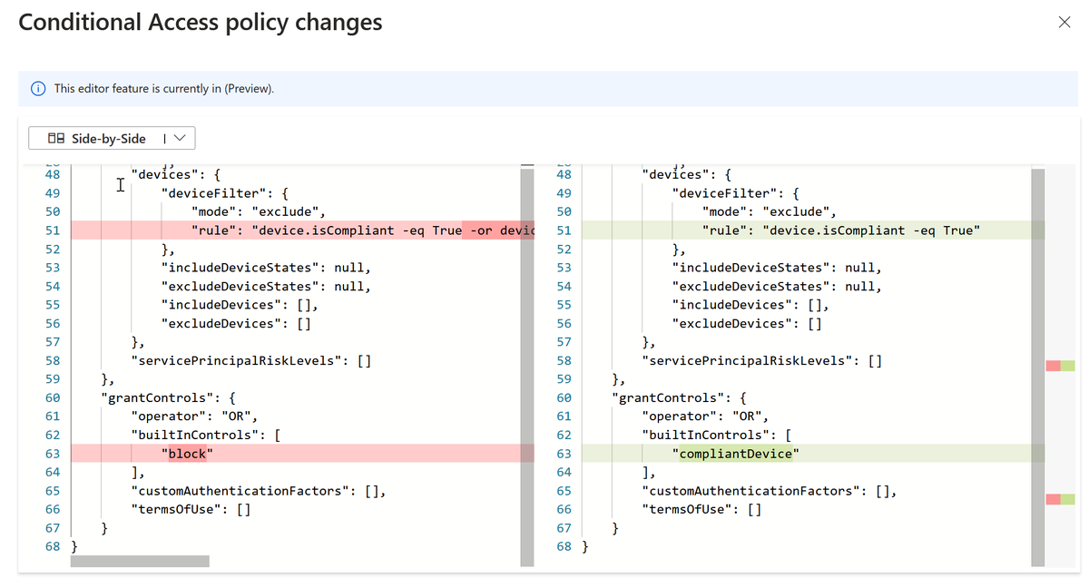 Have you seen Conditional Access in t̲h̲e̲ ̲a̲u̲d̲i̲t̲ ̲l̲o̲g̲s̲ recently? There is a view that shows you what has changed... <a href="/azuread/">Microsoft Entra ID (Azure AD)</a>