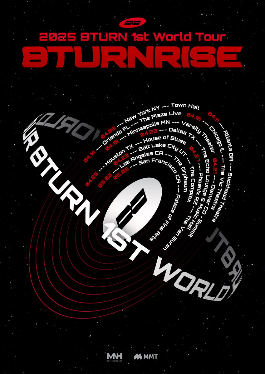 8TURN_official's tweet image. [📢Tour Announcement]
2025 8TURN 1st World Tour [8TURNRISE]

🎫Tickets Open:
Sept 12, 2024, 9 AM PDT
Sept 12, 2024, 11 AM CDT
Sept 12, 2024, 12 PM EDT

Check back later on:
🎫 MyMusicTaste

#8TURN #에잇턴 
#8TURN1stWorldTour #8TURNRISE
#With_TURNING