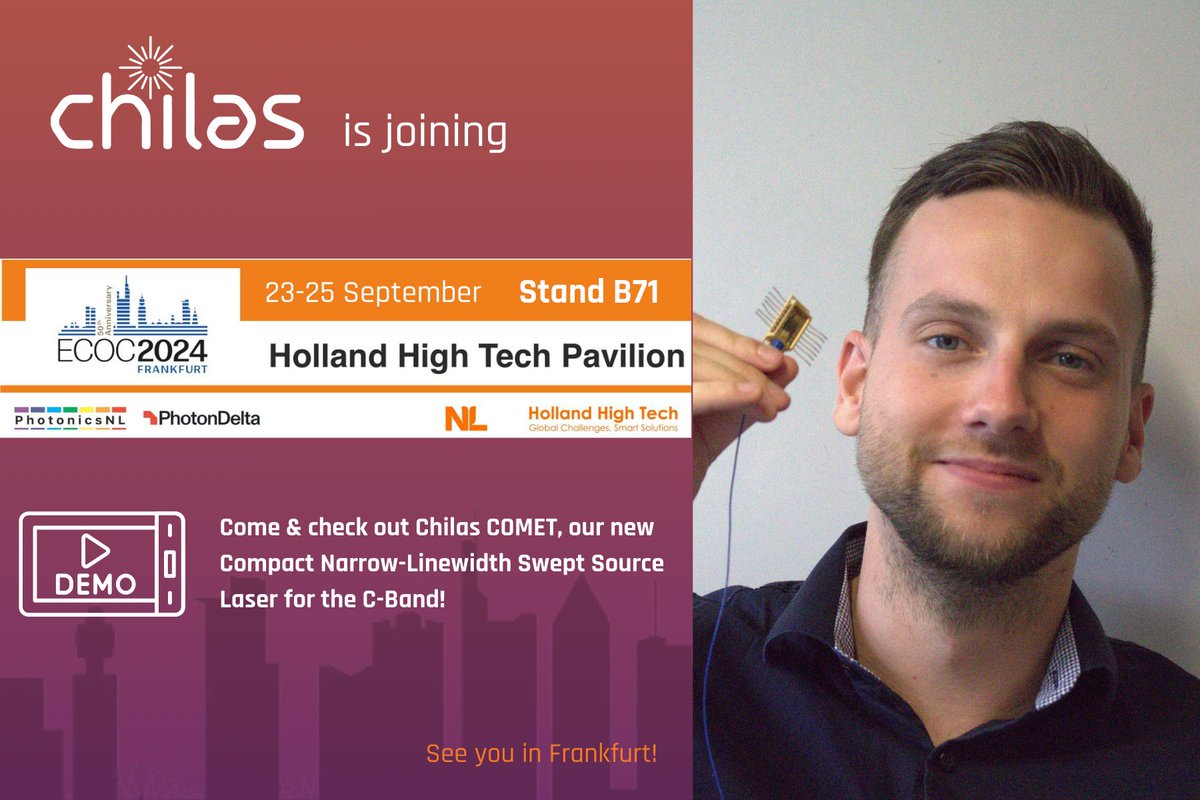 Chilas Lasers (@chilaslasers) on Twitter photo 🚀 Excited to announce that Chilas is joining <a href="/ECOC_Exhibition/">ECOC Exhibition</a> 2024 as part of the Holland Pavilion!
Visit us at 𝗦𝘁𝗮𝗻𝗱 𝗕𝟳𝟭 for a LIVE DEMO of Chilas COMET, our new super compact Swept Source Laser for the C-Band.
#ECOC2024 #TunableLasers #SweptSourceLasers 🚀 Excited to announce that Chilas is joining <a href="/ECOC_Exhibition/">ECOC Exhibition</a> 2024 as part of the Holland Pavilion!
Visit us at 𝗦𝘁𝗮𝗻𝗱 𝗕𝟳𝟭 for a LIVE DEMO of Chilas COMET, our new super compact Swept Source Laser for the C-Band.
#ECOC2024 #TunableLasers #SweptSourceLasers