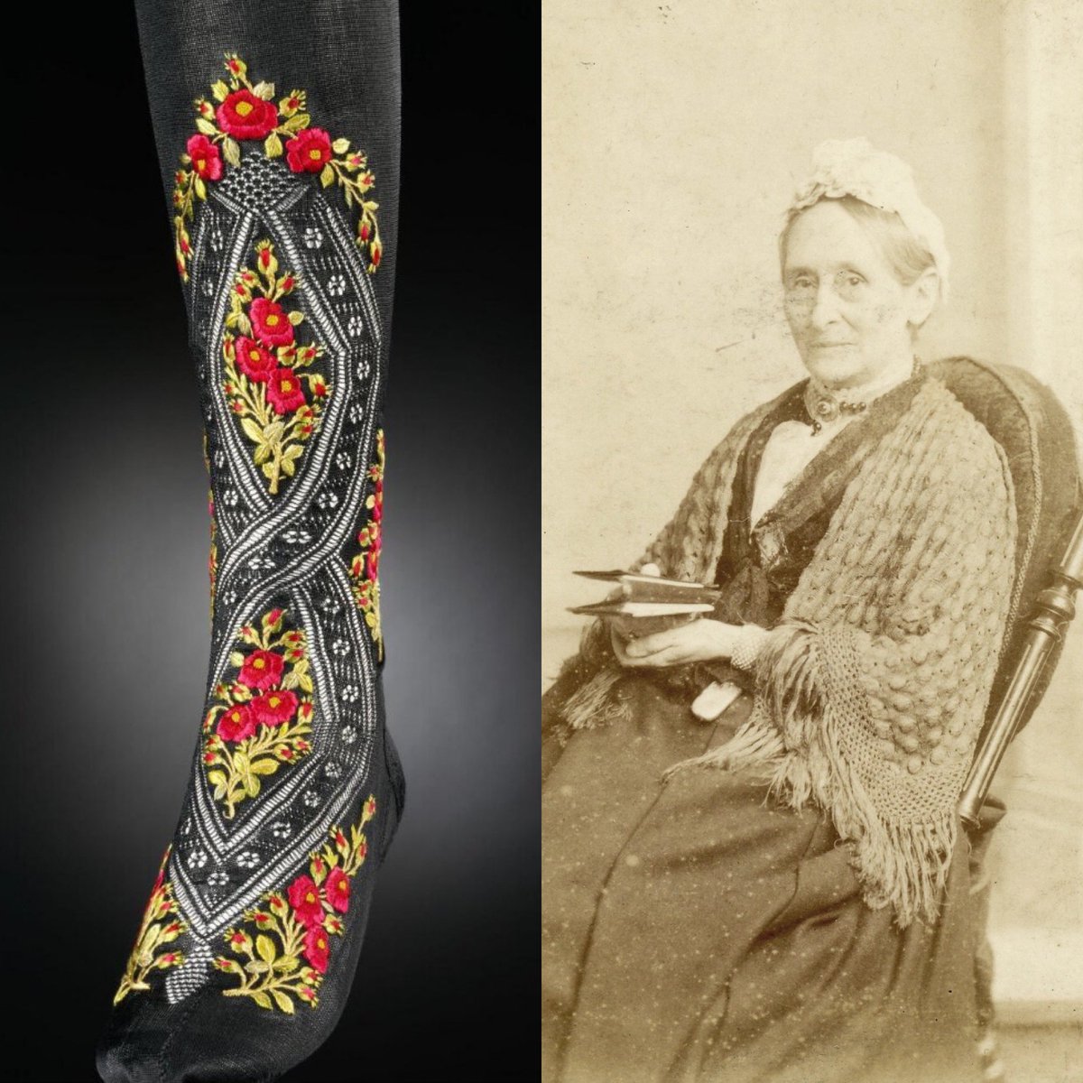In writing about royal hosiery, I have been researching the life of Ann Birkin, chevener to #QueenVictoria. This meant that she embroidered the queen’s stockings, a colourful royal pair here said to have belonged to #QueenAlexandra c1900 <a href="/V_and_A/">V&A</a> #fashionhistory