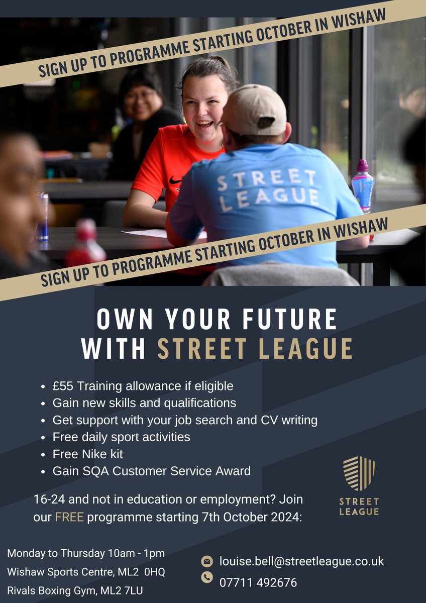 Aged 16-24, live in North Lanarkshire and not in education or employment?

 Join our employability programme starting 07.10.24- 
- Earn £55 training allowance (if eligible)
- Get help finding a job / college
- Gain new skills &amp; qualifications
- Build confidence

Get in touch!