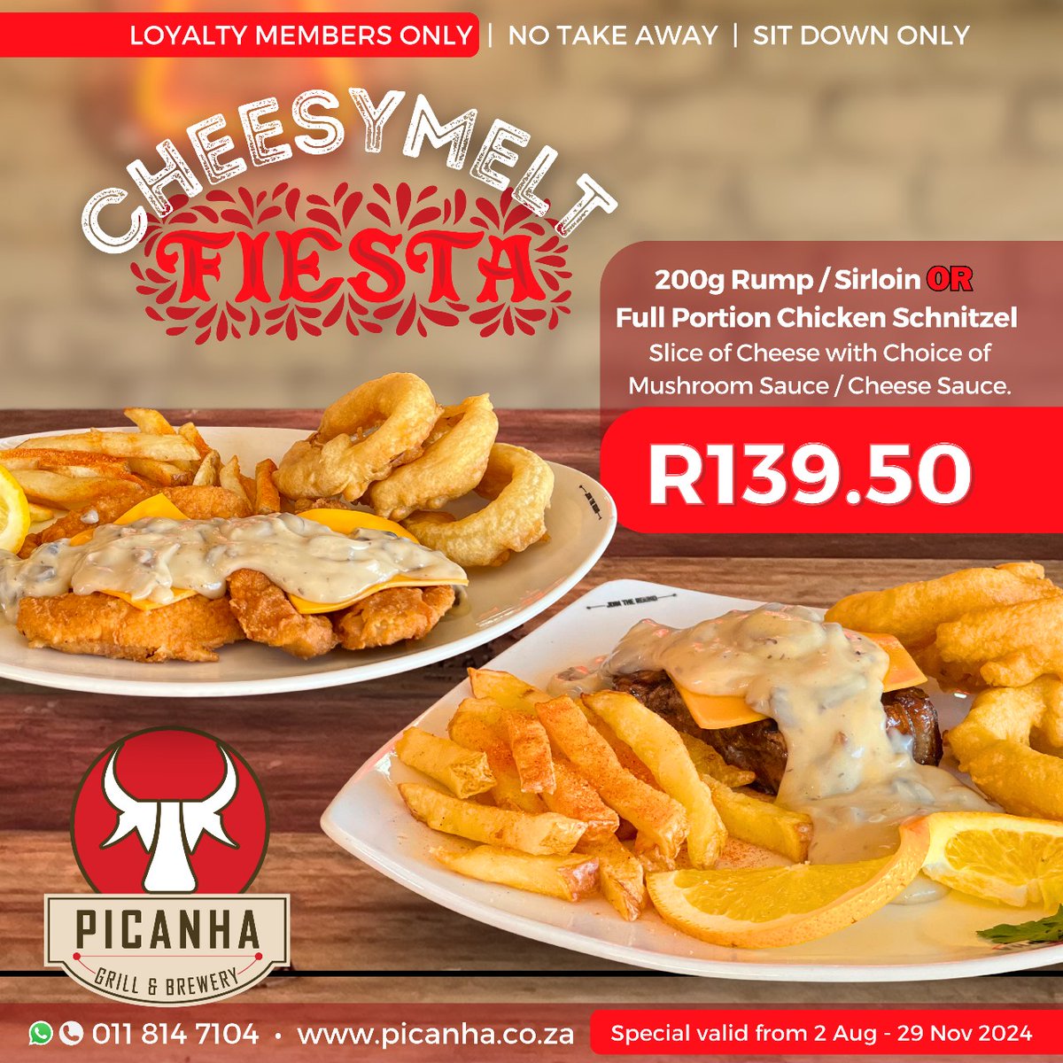 PicanhaNigel's tweet photo. Introducing our famous CHEESY MELT FIESTA at Picanha Nigel!
200g Rump / Sirloin steak OR Full portion Chicken Schnitzel topped with a cheese slice and smothered with Cheese sauce or Mushroom sauce served with a choice of your side
https://t.co/sPLR64YCw8 / 0118147104 https://t.co/PgbxzHlQg6