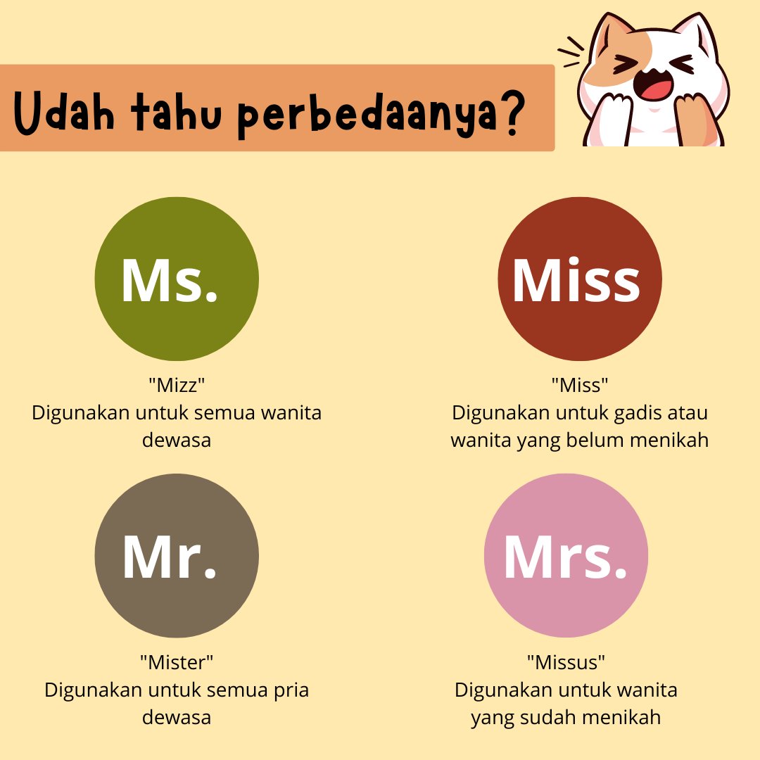 armaliest's tweet photo. Pernah bingung bedain "Mr.", "Mrs.", "Miss", sama "Ms."? 🤔
Coba pahami gambar ini yaa!
Makin tau, makin keren! 💡#EnglishHacks #GenZEd #BahasaAsik #LearnEnglish https://t.co/xXuD3qk3tT