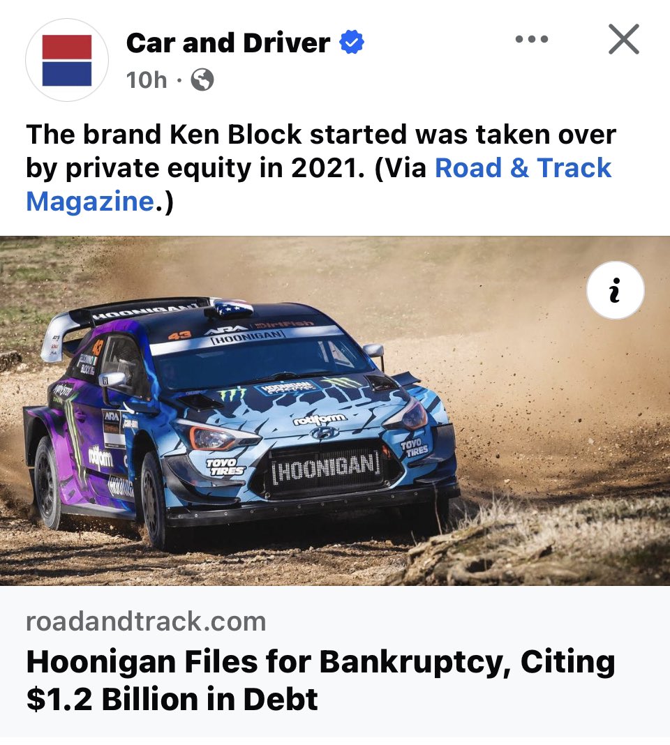 SuperFastRacing's tweet image. Ken Block's iconic brand, acquired by private equity in September 2021 and facing $1.2 billion in debt, is now seeking Chapter 11 bankruptcy protection. #Block43 #Hoonigan #Hoonicorn #PE #Bankruptcy