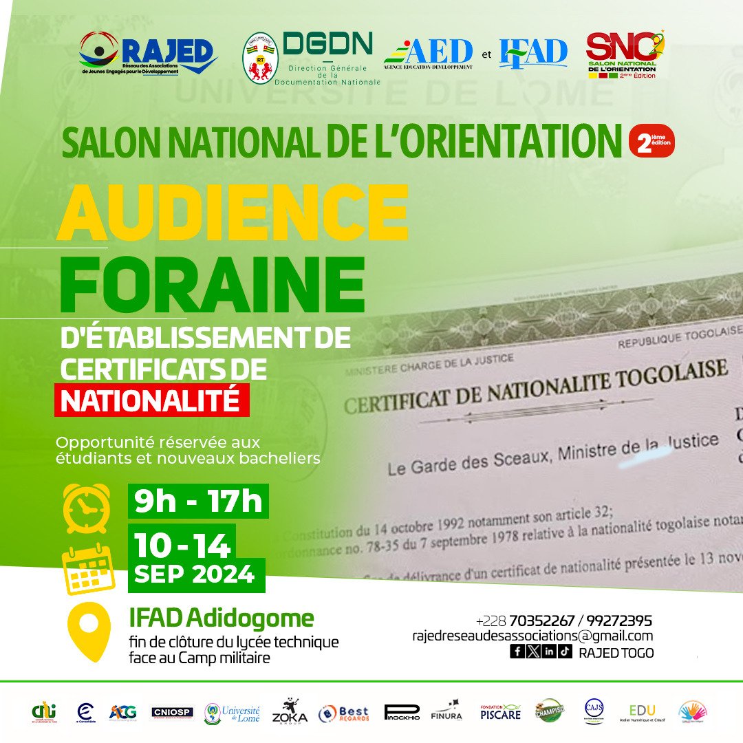 🌟 Ton Certificat de Nationalité Togolaise au Salon National de l'Orientation ! 🌟

👉 Inscris-toi dès maintenant :  forms.gle/o1tf35mMnq4bXb…

#SNO2024 #RAJED #audienceforaine #Orientation