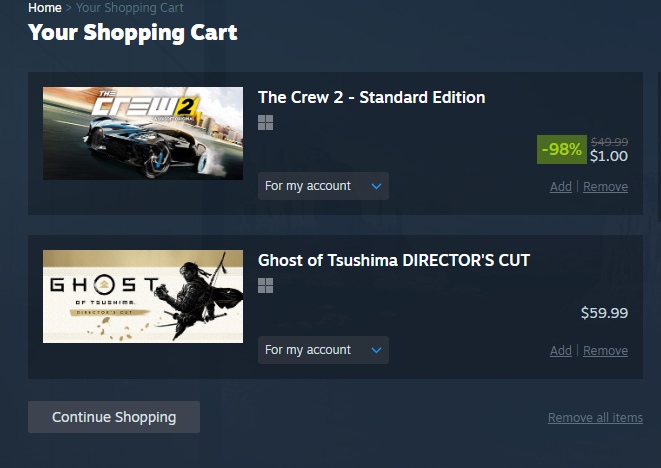 Dougomite's tweet image. Wow, I'm not sure why The Crew 2 is a dollar but I can support that...also gives me an excuse to add Ghost of Tsuhima and feel like I got a deal.