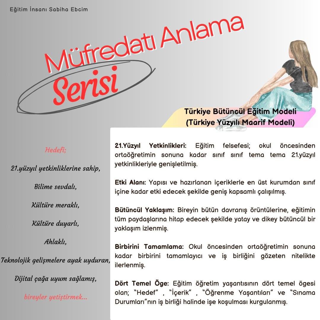 “Türkiye Bütüncül Eğitim Modeli” (Türkiye Yüzyılı Maarif Modeli) Bu model, okul öncesinden ortaöğretimin sonuna kadar olan eğitim sürecini, 21. yüzyıl yetkinlikleriyle genişletilmiş bir felsefe üzerine inşa etmiş...
<a href="/burhan_yuksel23/">Burhan Yüksel</a>
<a href="/EbcimSabiha/">Sabiha Ebcim</a>
