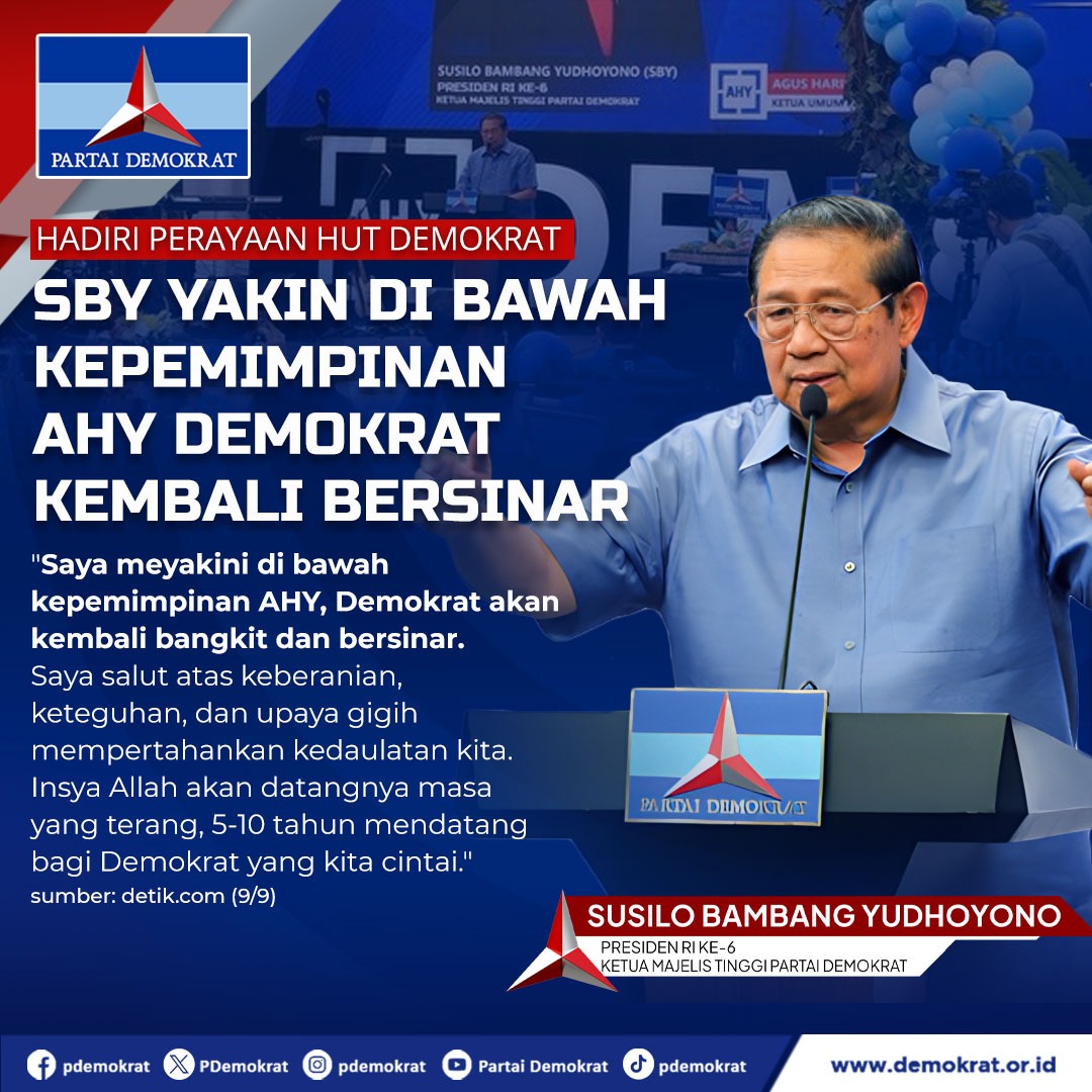 "Saya meyakini di bawah kepemimpinan AHY, Demokrat akan kembali bangkit dan bersinar. saya salut atas keberanian, keteguhan, dan upaya gigih mempertahankan kedaulatan kita. InsyaAllah akan datangnya masa yang terang, 5-10 tahun mendatang bagi Demokrat yang kita cintai." - Susilo