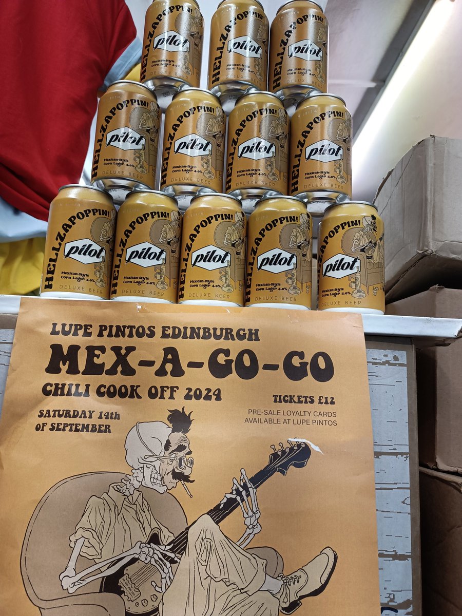 Hellzapoppin Mexican corn lager the official beer of the Lupe Pintos Chili Cook Off made by <a href="/Pilotbeer_EDI/">Pilotbeer</a>  
Art work by @vincentbellrobertson instagram. Available in both shops and around town at select Venues.