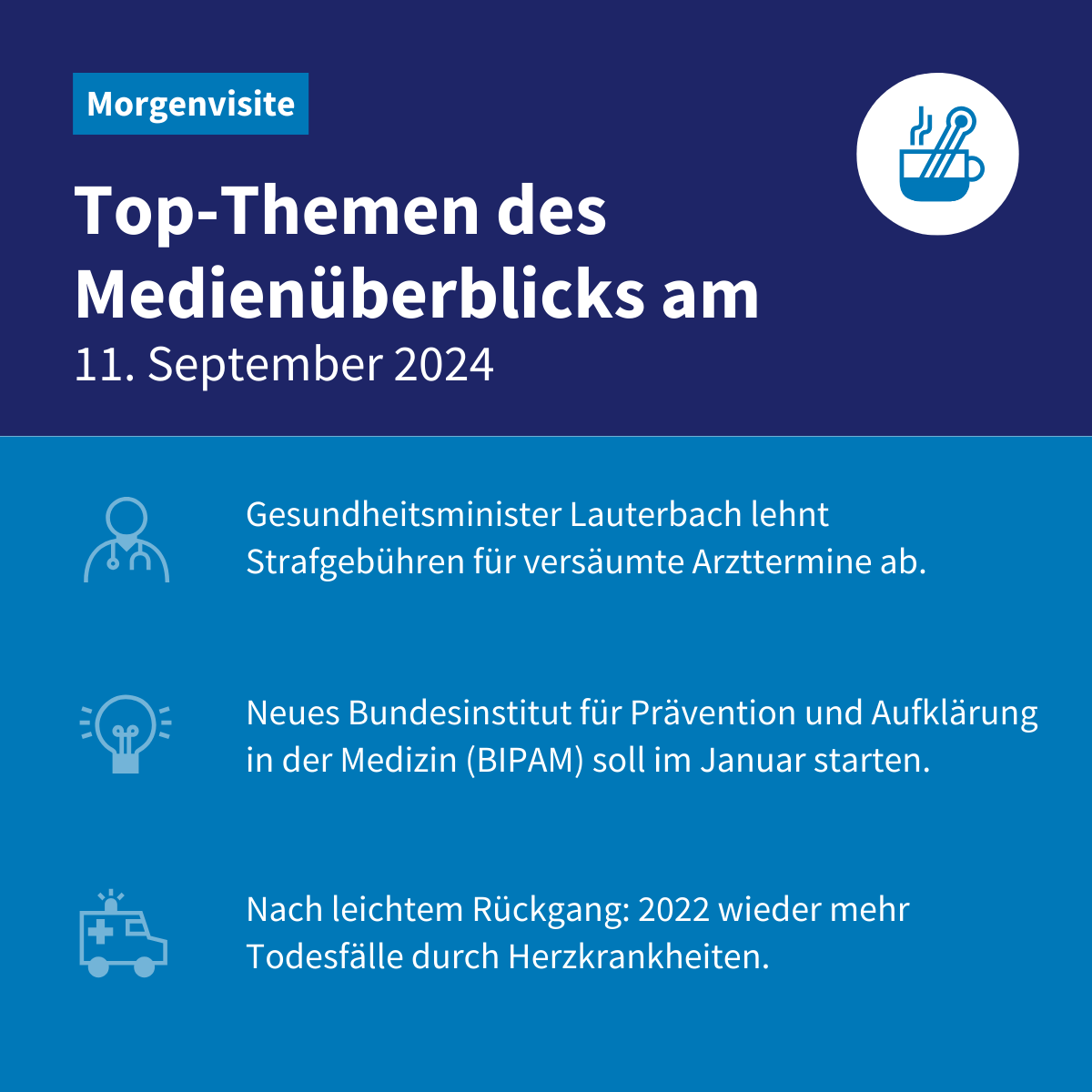 pkv_verband's tweet photo. Gesundheitsminister #Lauterbach hat den Vorschlag zurückgewiesen, eine Strafgebühr für versäumte Arzttermine zu erheben. Außerdem in der #Morgenvisite ☕: Start des neuen #BIPAM schon Anfang 2025 und Deutscher #Herzbericht 2024 vorgestellt. Mehr 👉 https://t.co/JV1bpPYgt0 https://t.co/5FqpCEnlYs