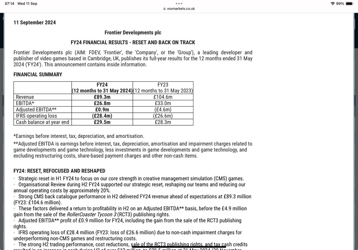 reb40's tweet image. #FDEV have had a torrid time but they seem to be saying they’ve turned the corner 🤔

Back catalogue continues to deliver

Still loss making but “Board remains confident of delivering profit in FY25 as the next step to improved financial performance and sustainable growth”👀